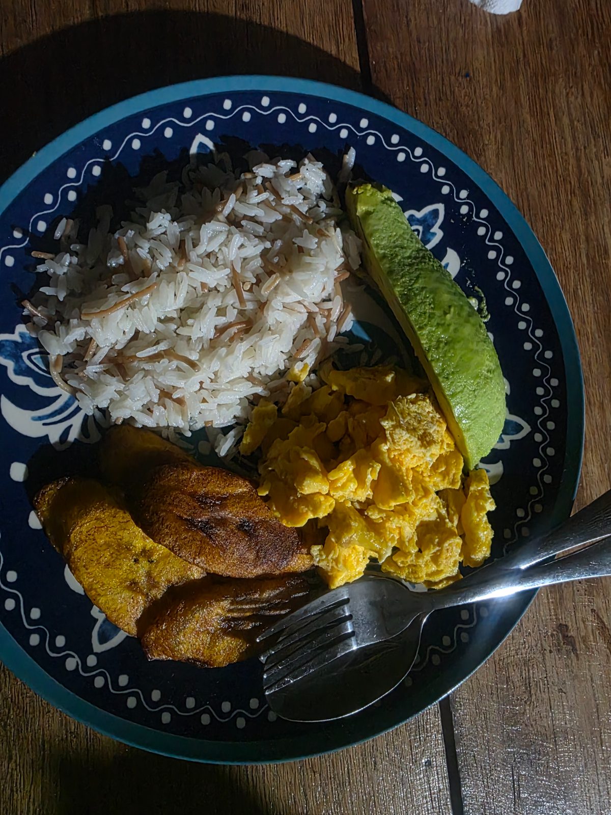 Breakfast at the retreat: rice, eggs, plantains and avocado